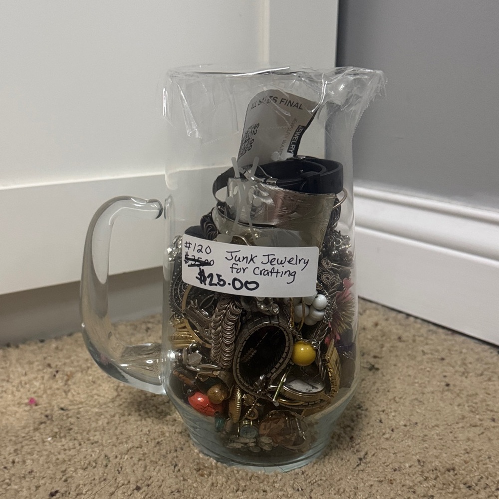 Assorted Craft Jewelry in Glass Pitcher